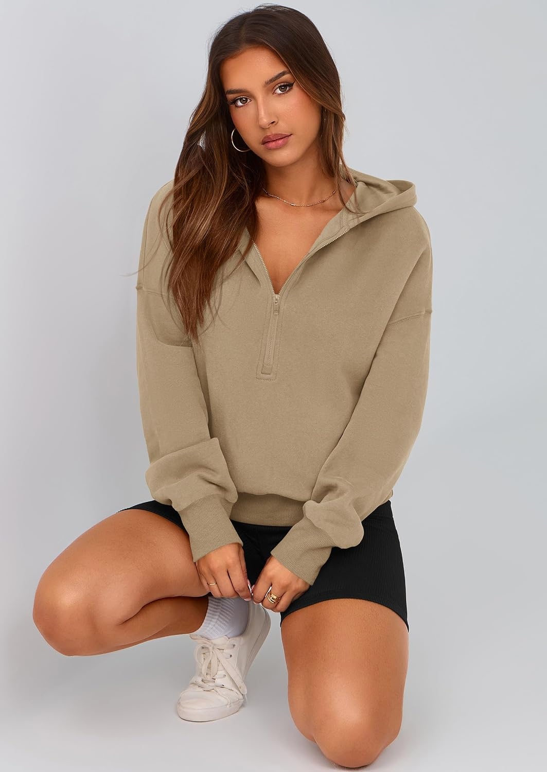 image:imagePRETTYGARDEN Womens Fall Half Zip Cropped Hoodie SweatshirtStyle 3khaki