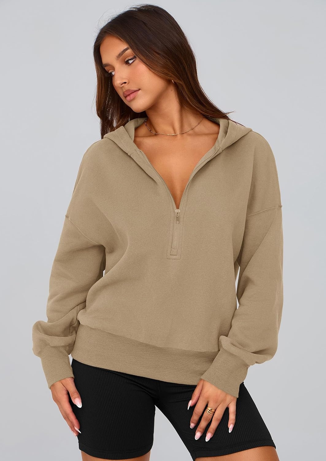 image:imagePRETTYGARDEN Womens Fall Half Zip Cropped Hoodie SweatshirtStyle 3khaki