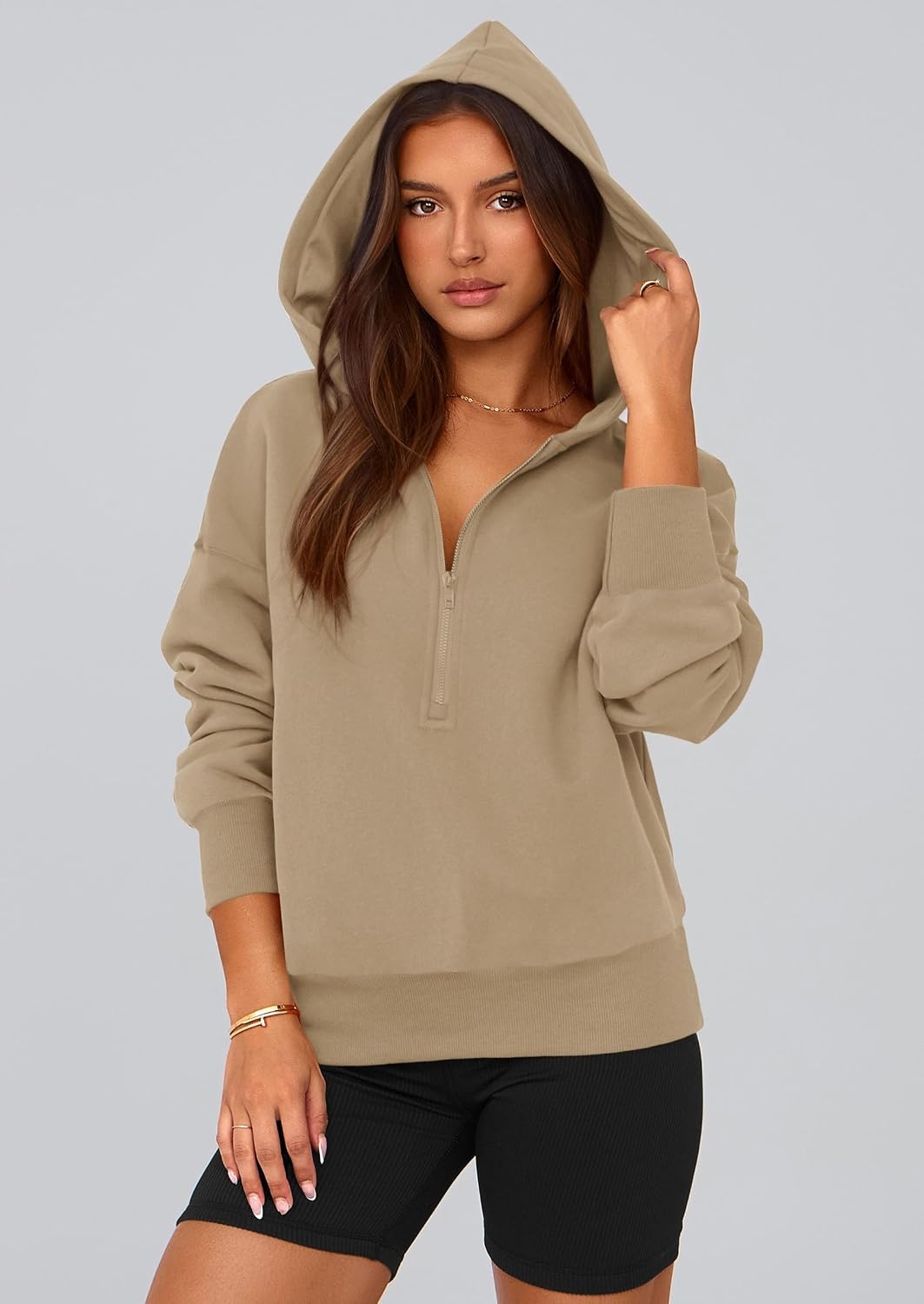 image:imagePRETTYGARDEN Womens Fall Half Zip Cropped Hoodie SweatshirtStyle 3khaki