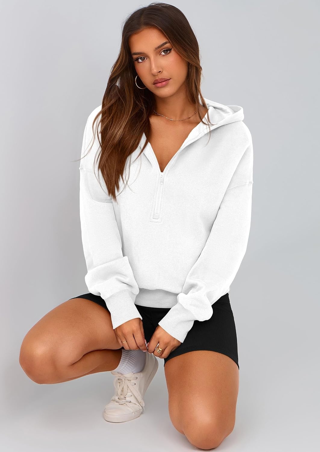image:imagePRETTYGARDEN Womens Fall Half Zip Cropped Hoodie SweatshirtStyle 3white