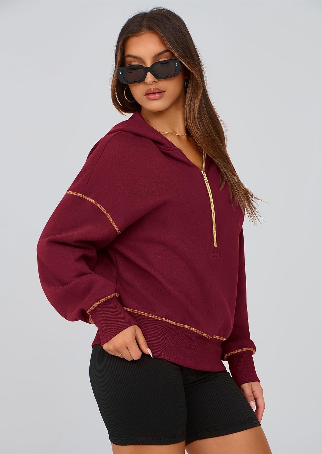 image:imagePRETTYGARDEN Womens Fall Half Zip Cropped Hoodie SweatshirtWine Red