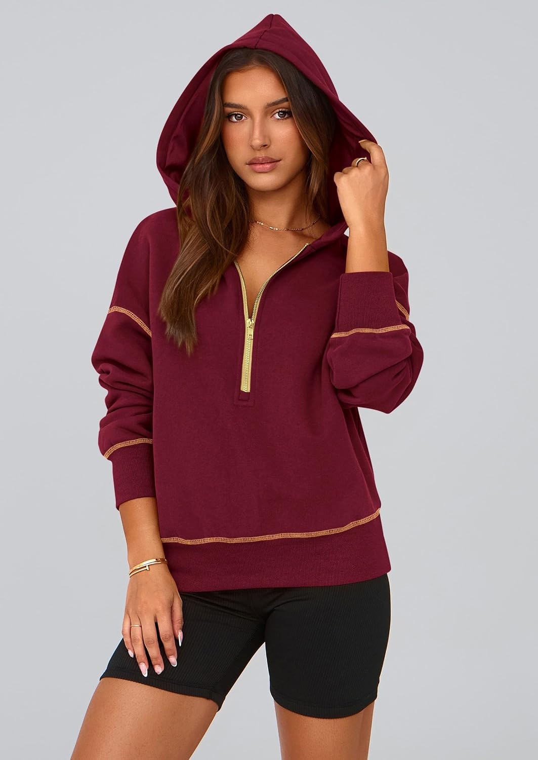 image:imagePRETTYGARDEN Womens Fall Half Zip Cropped Hoodie SweatshirtWine Red