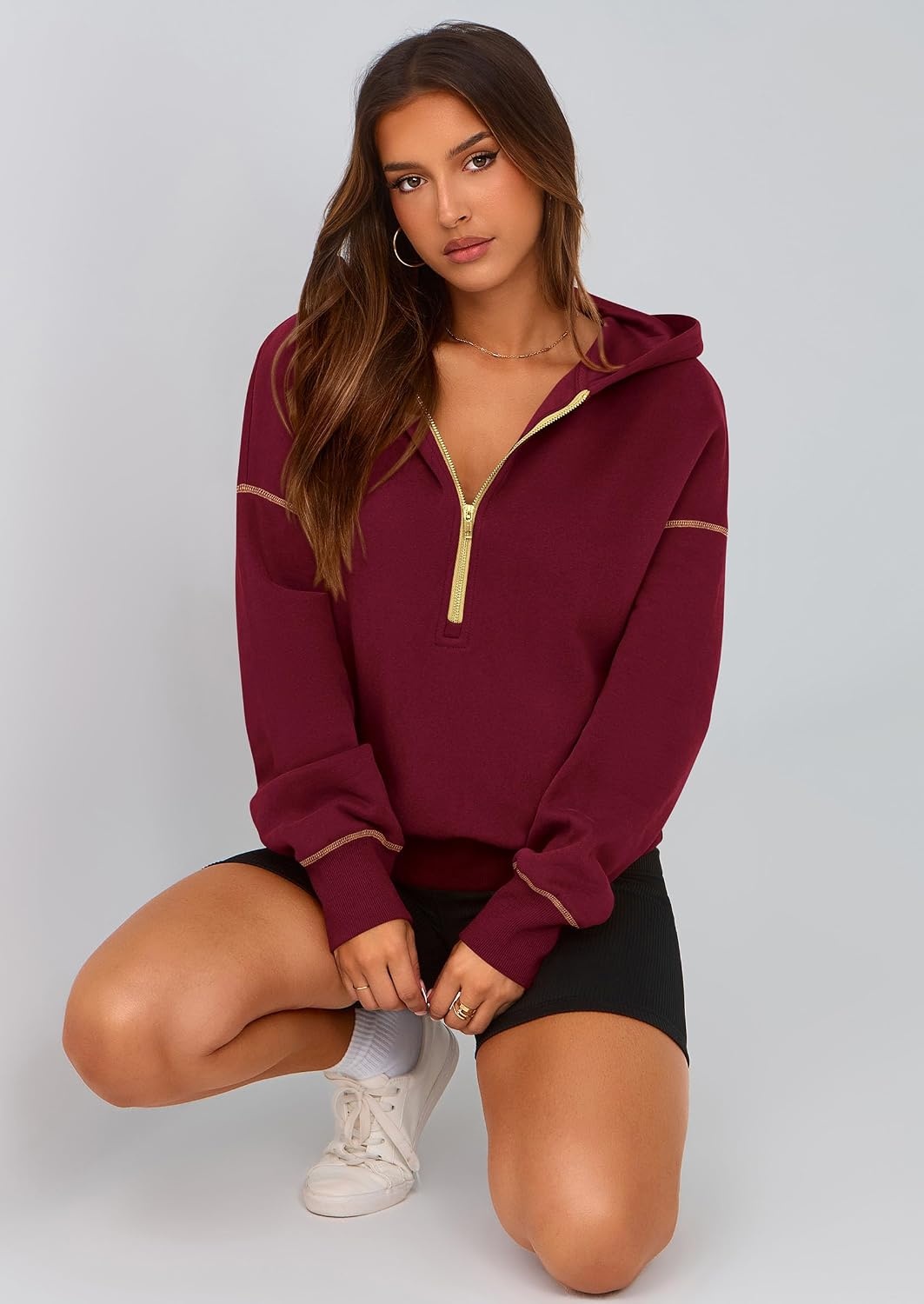 image:imagePRETTYGARDEN Womens Fall Half Zip Cropped Hoodie SweatshirtWine Red