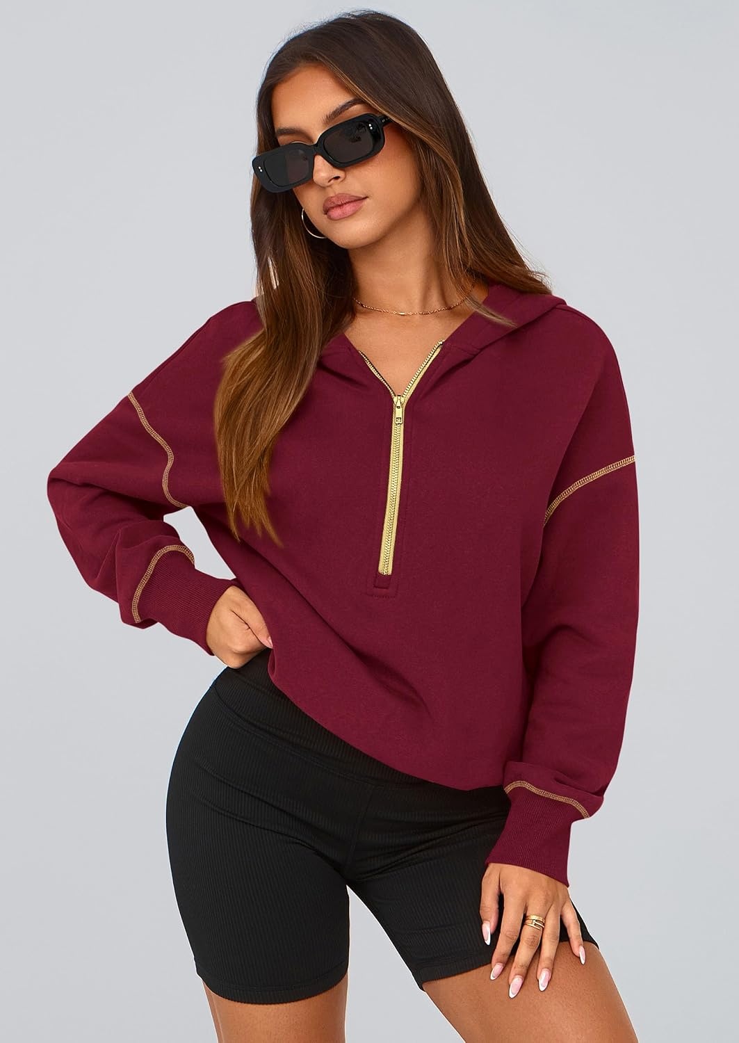 image:imagePRETTYGARDEN Womens Fall Half Zip Cropped Hoodie SweatshirtWine Red