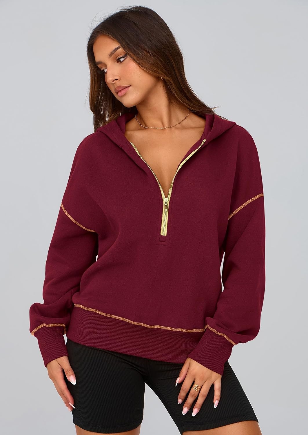 image:imagePRETTYGARDEN Womens Fall Half Zip Cropped Hoodie SweatshirtWine Red
