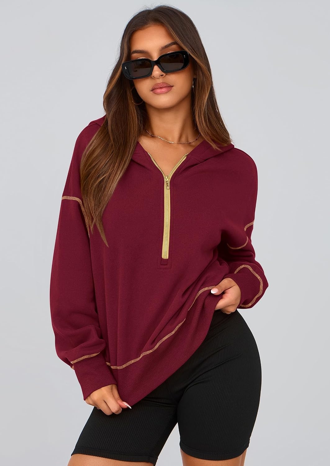 image:imagePRETTYGARDEN Womens Fall Half Zip Cropped Hoodie SweatshirtWine Red