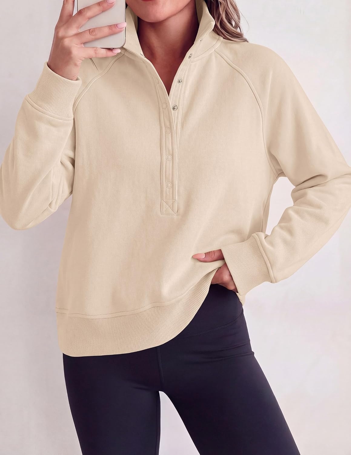 image:imagePRETTYGARDEN Womens Fall Oversized Sweatshirts Mock Neck Henley PulloverBeige