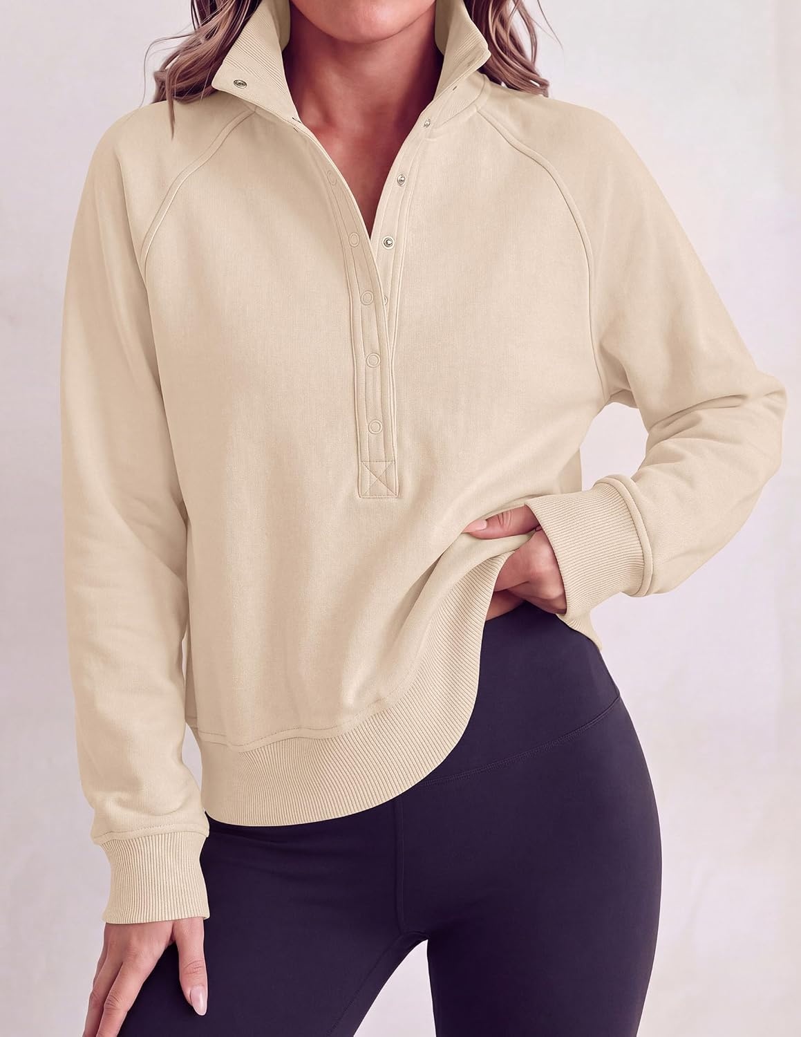 image:imagePRETTYGARDEN Womens Fall Oversized Sweatshirts Mock Neck Henley PulloverBeige
