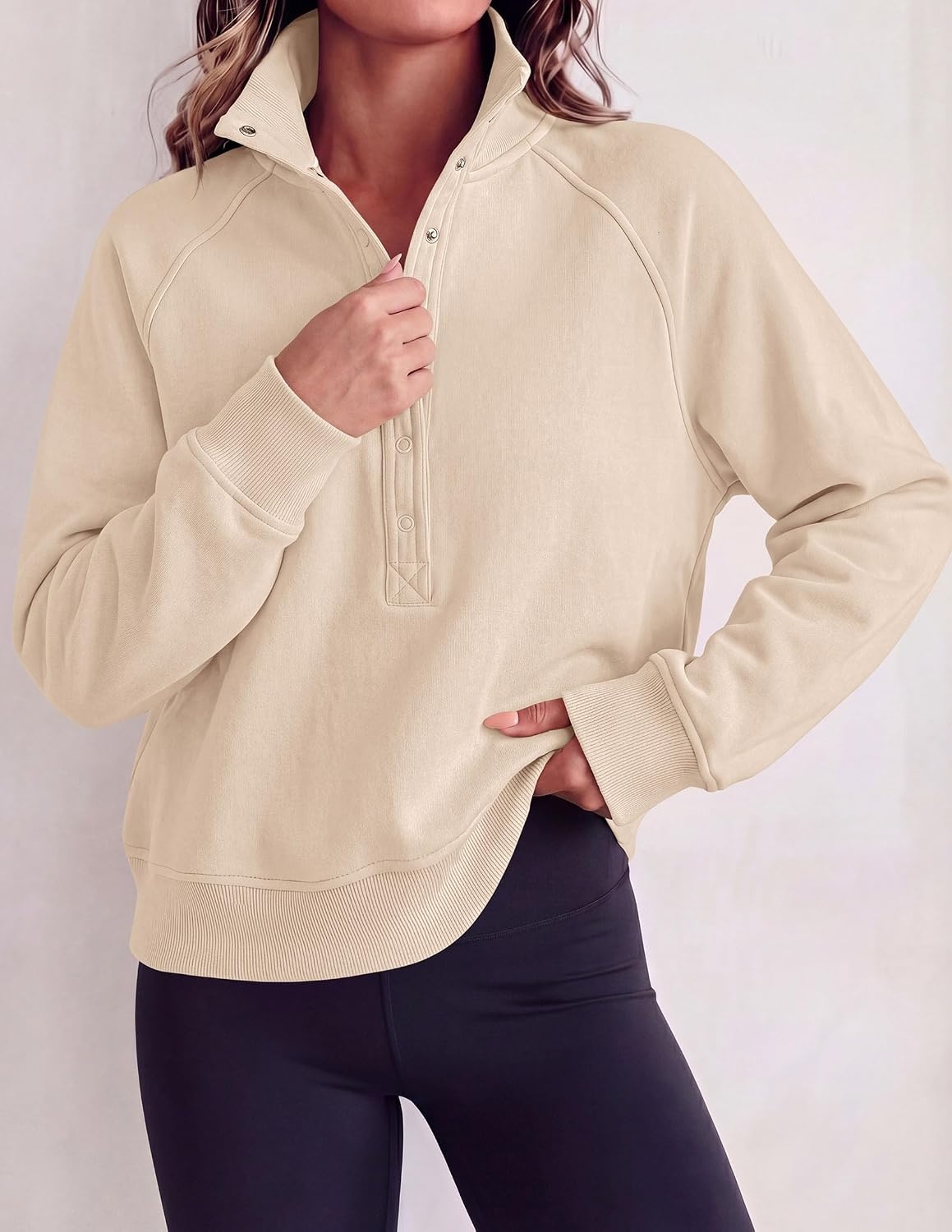 image:imagePRETTYGARDEN Womens Fall Oversized Sweatshirts Mock Neck Henley PulloverBeige