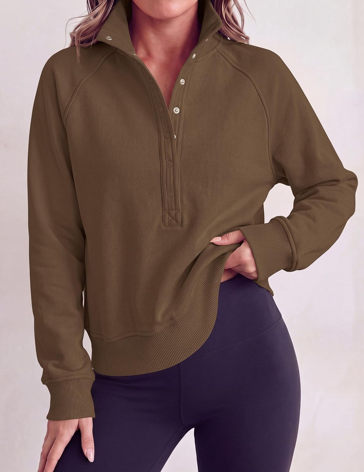 image:imagePRETTYGARDEN Womens Fall Oversized Sweatshirts Mock Neck Henley PulloverBrown