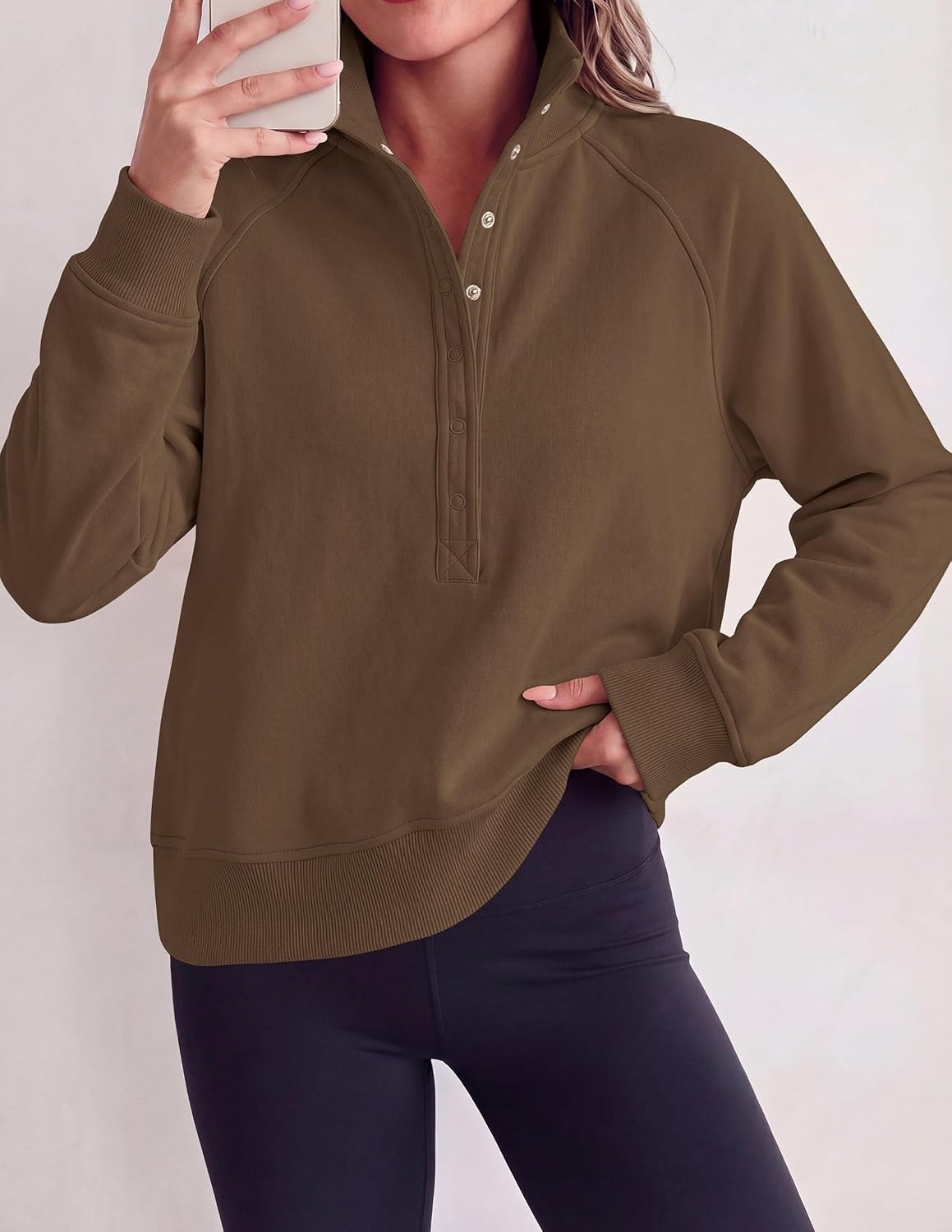 image:imagePRETTYGARDEN Womens Fall Oversized Sweatshirts Mock Neck Henley PulloverBrown