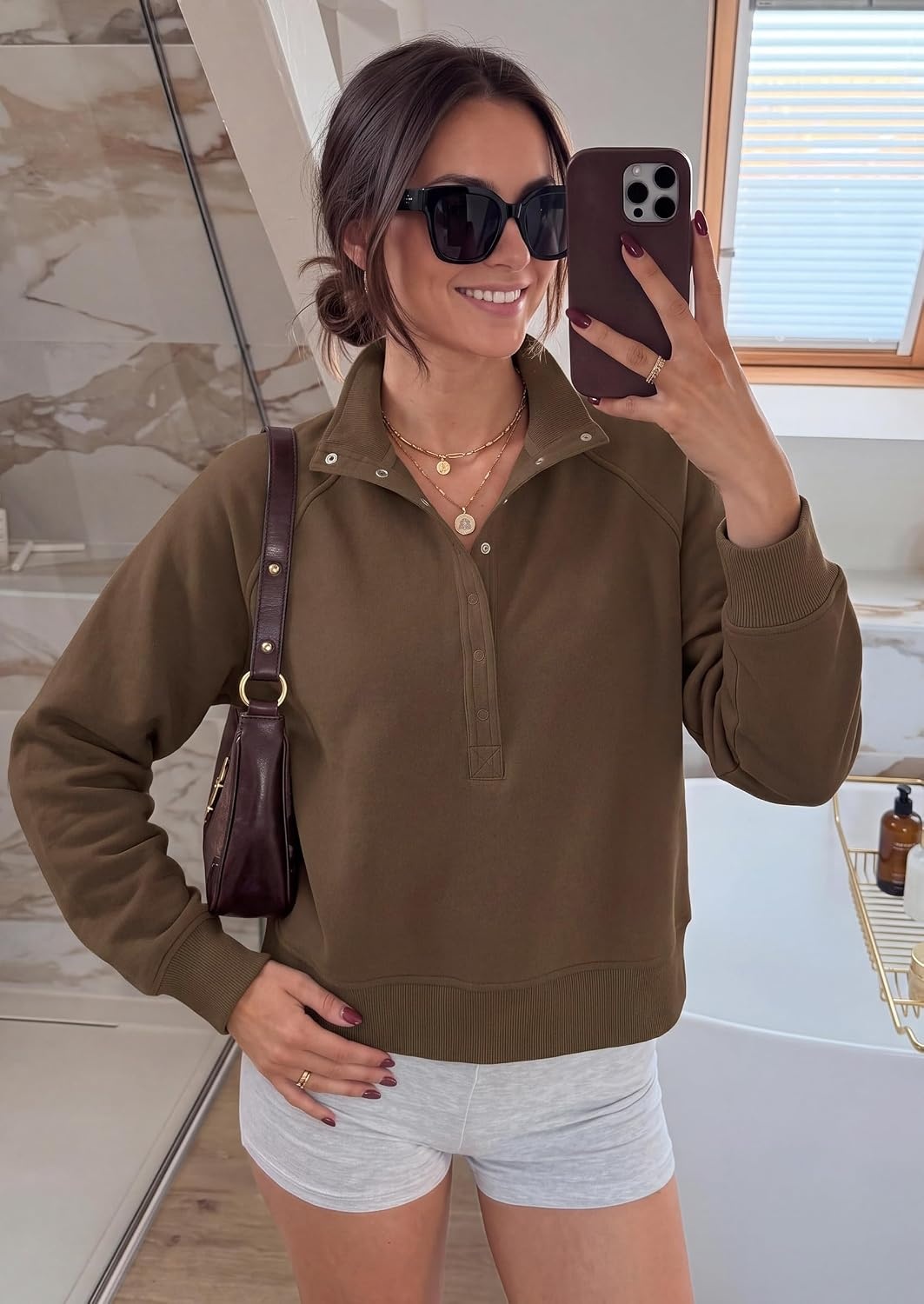 image:imagePRETTYGARDEN Womens Fall Oversized Sweatshirts Mock Neck Henley PulloverBrown