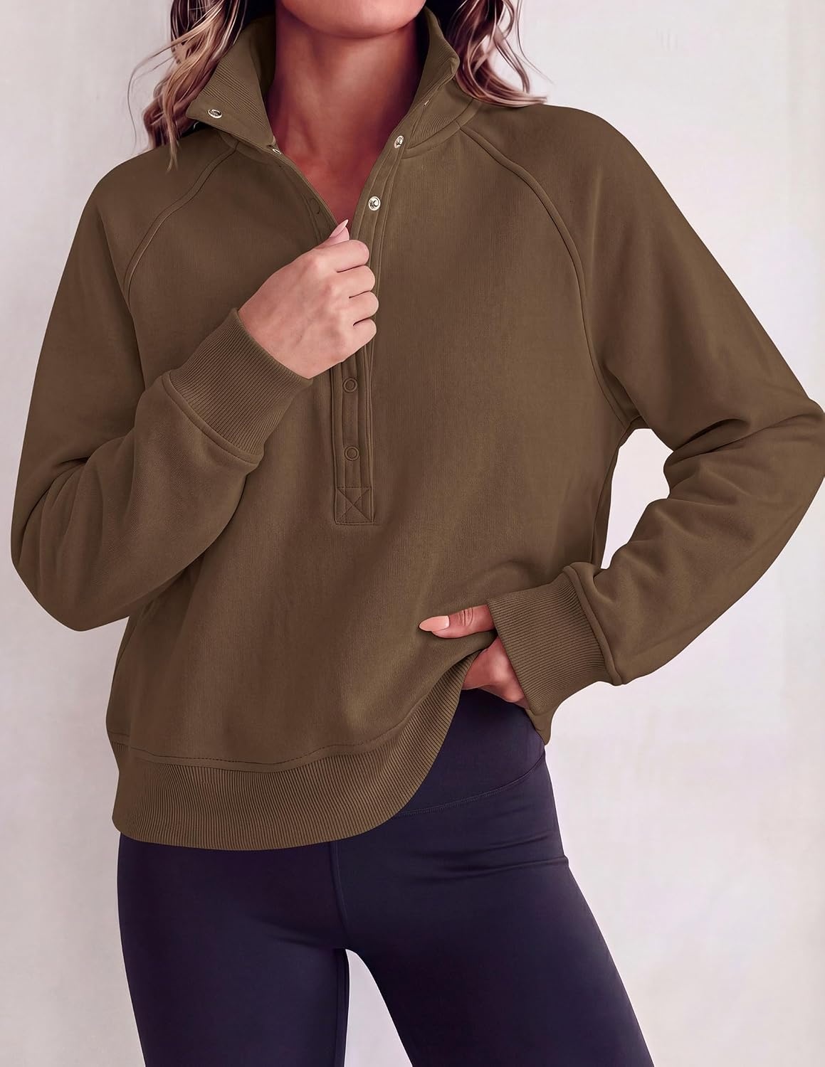 image:imagePRETTYGARDEN Womens Fall Oversized Sweatshirts Mock Neck Henley PulloverBrown
