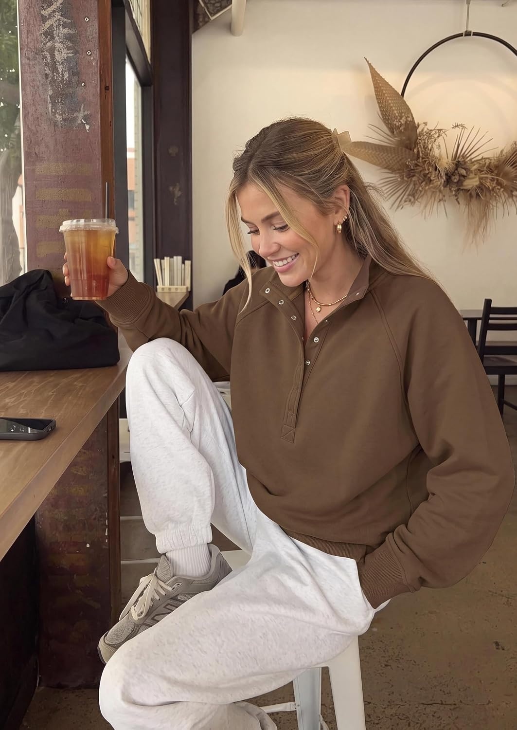 image:imagePRETTYGARDEN Womens Fall Oversized Sweatshirts Mock Neck Henley PulloverBrown