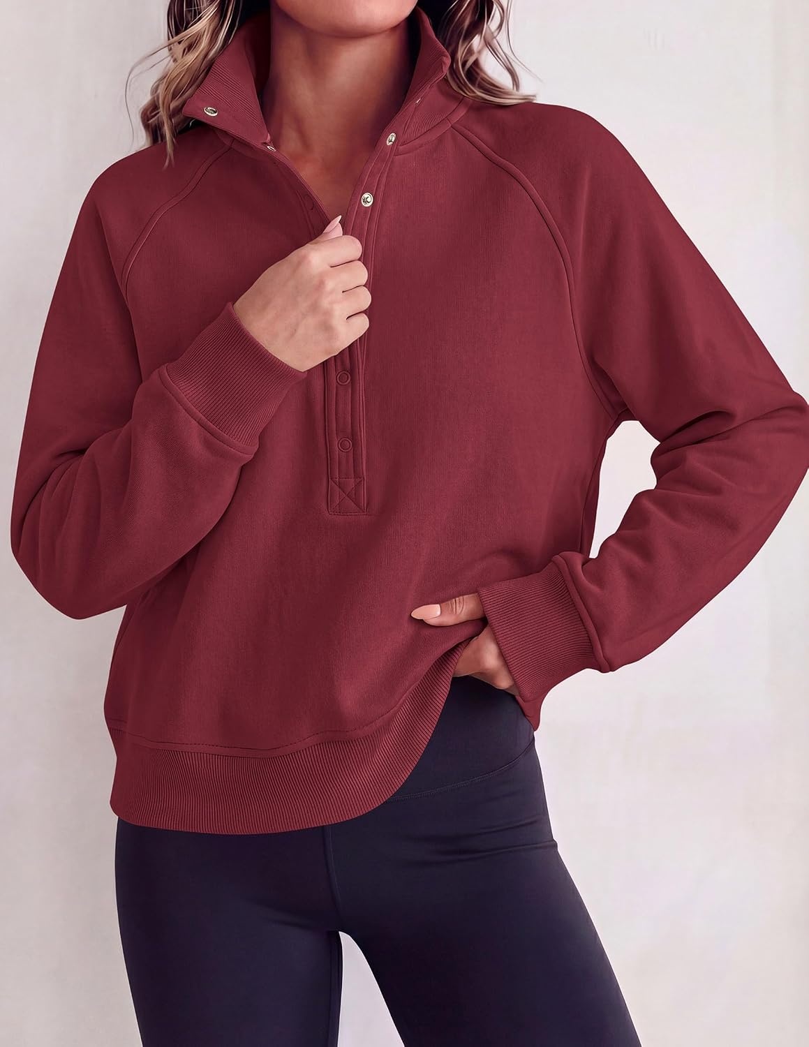 image:imagePRETTYGARDEN Womens Fall Oversized Sweatshirts Mock Neck Henley PulloverBurgundy