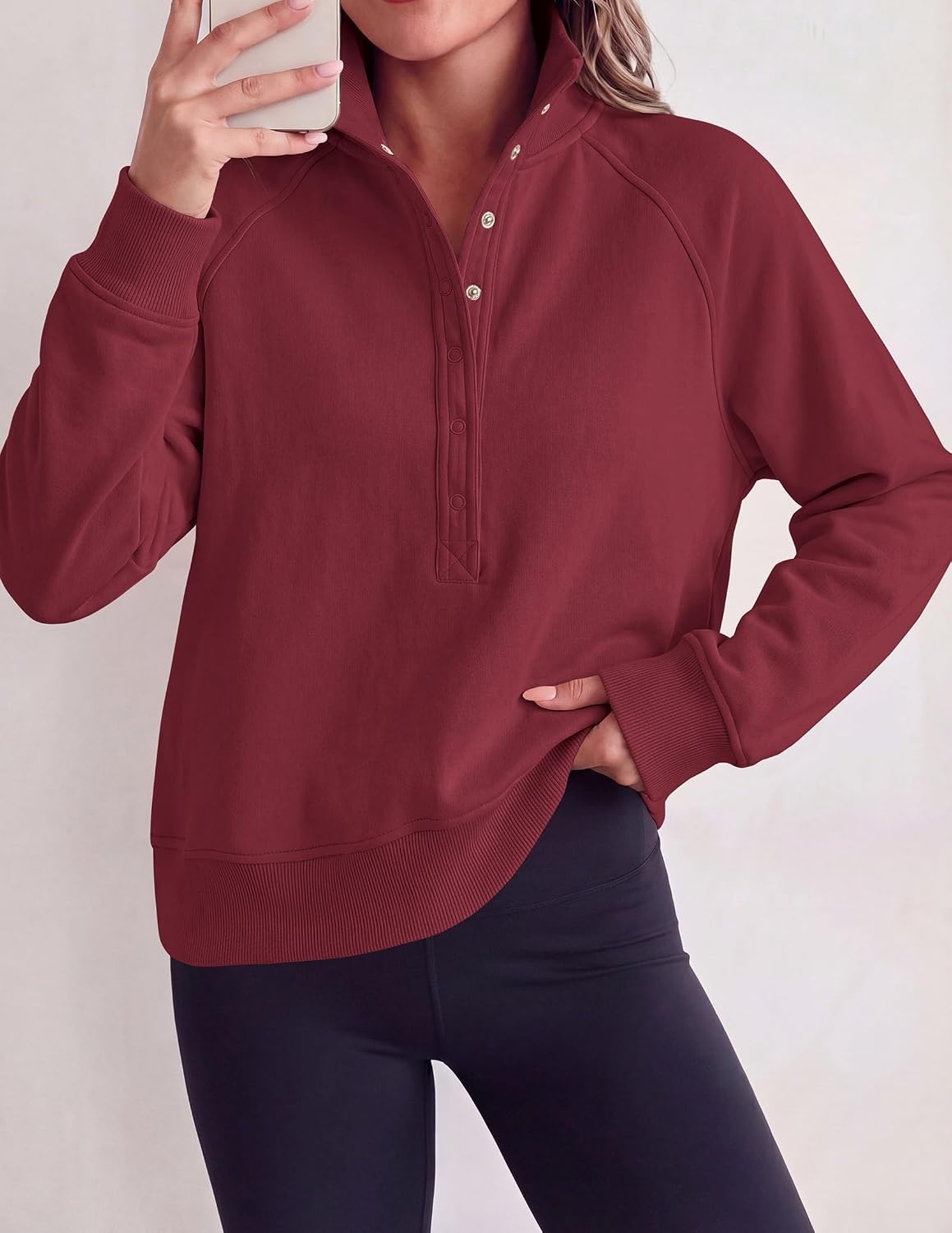 image:imagePRETTYGARDEN Womens Fall Oversized Sweatshirts Mock Neck Henley PulloverBurgundy