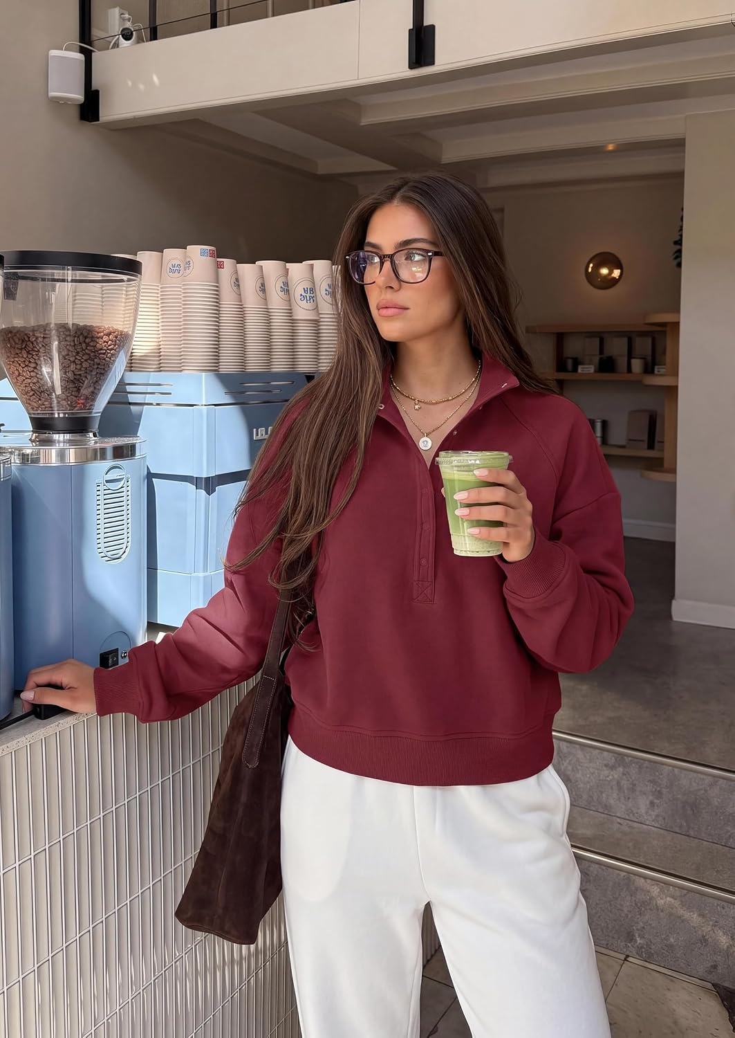 image:imagePRETTYGARDEN Womens Fall Oversized Sweatshirts Mock Neck Henley PulloverBurgundy