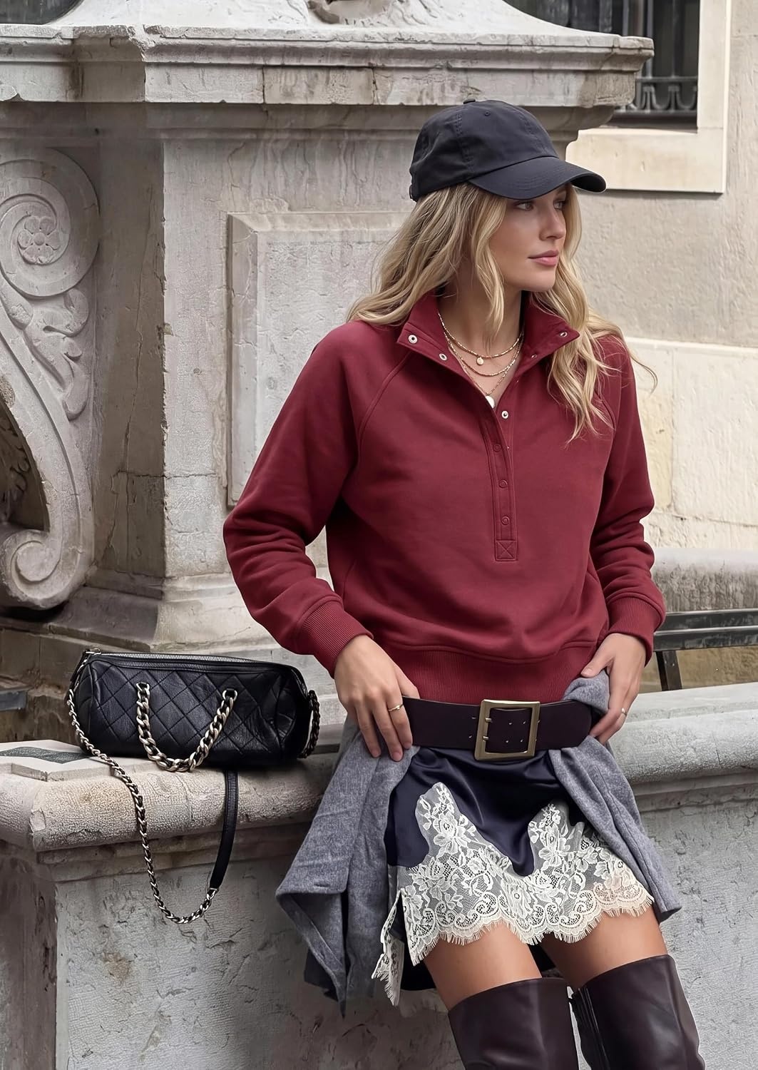 image:imagePRETTYGARDEN Womens Fall Oversized Sweatshirts Mock Neck Henley PulloverBurgundy