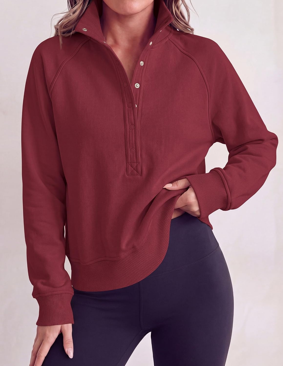 image:imagePRETTYGARDEN Womens Fall Oversized Sweatshirts Mock Neck Henley PulloverBurgundy
