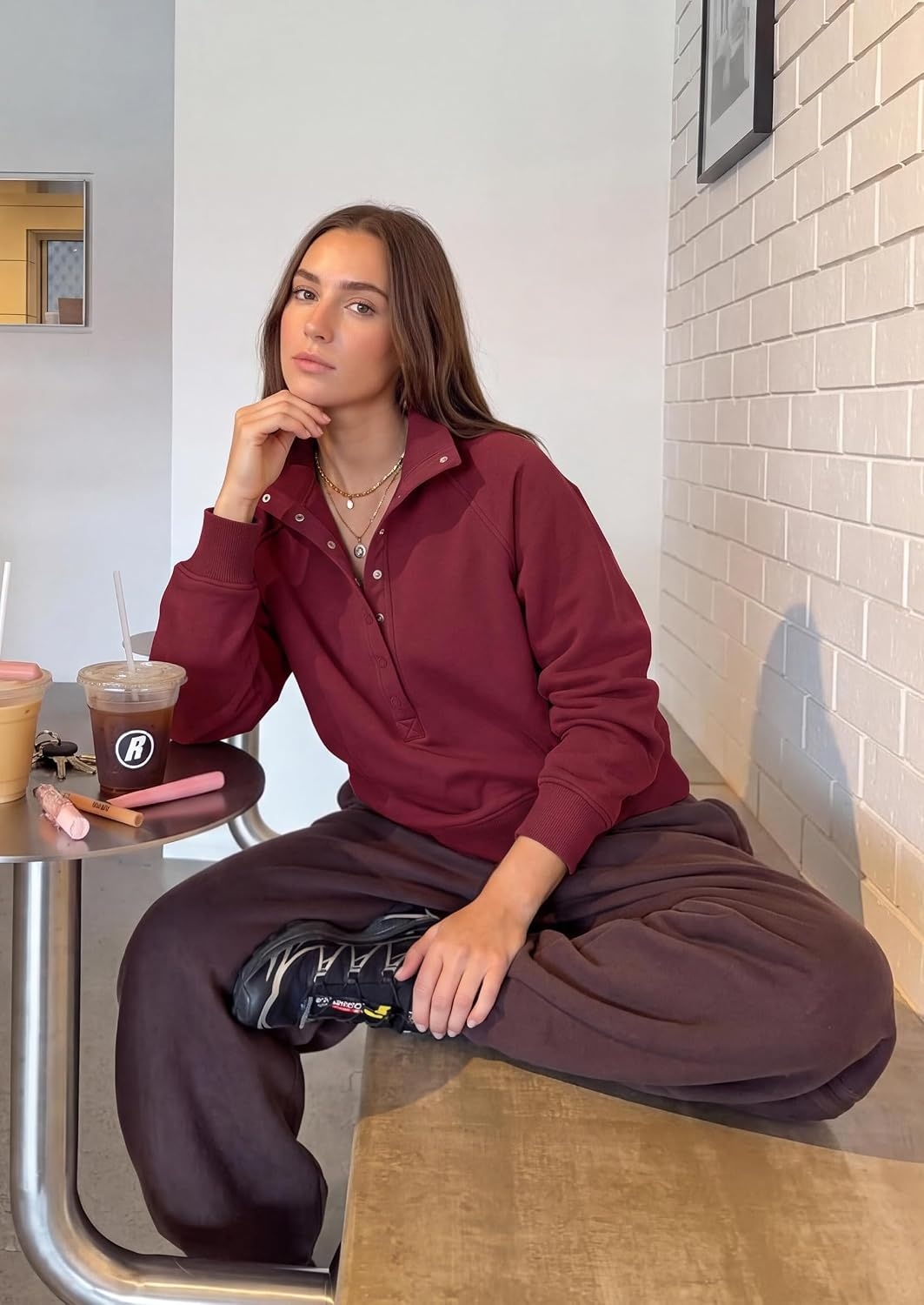 image:imagePRETTYGARDEN Womens Fall Oversized Sweatshirts Mock Neck Henley PulloverBurgundy