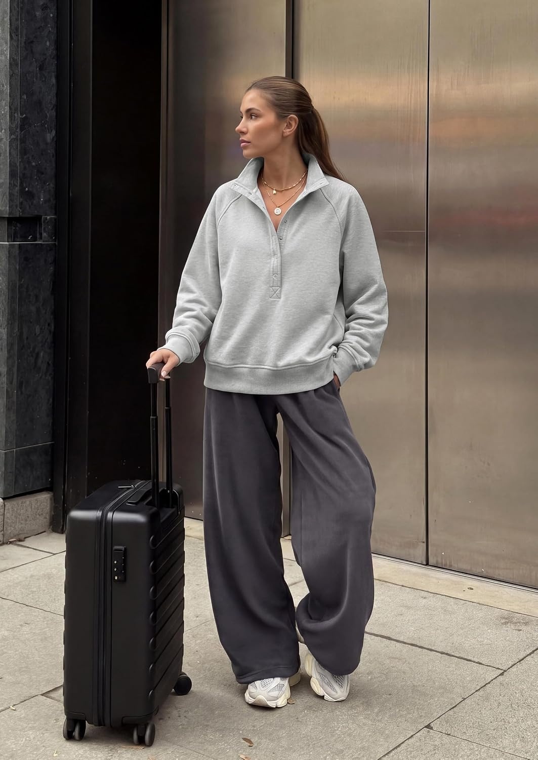 image:imagePRETTYGARDEN Womens Fall Oversized Sweatshirts Mock Neck Henley PulloverGrey