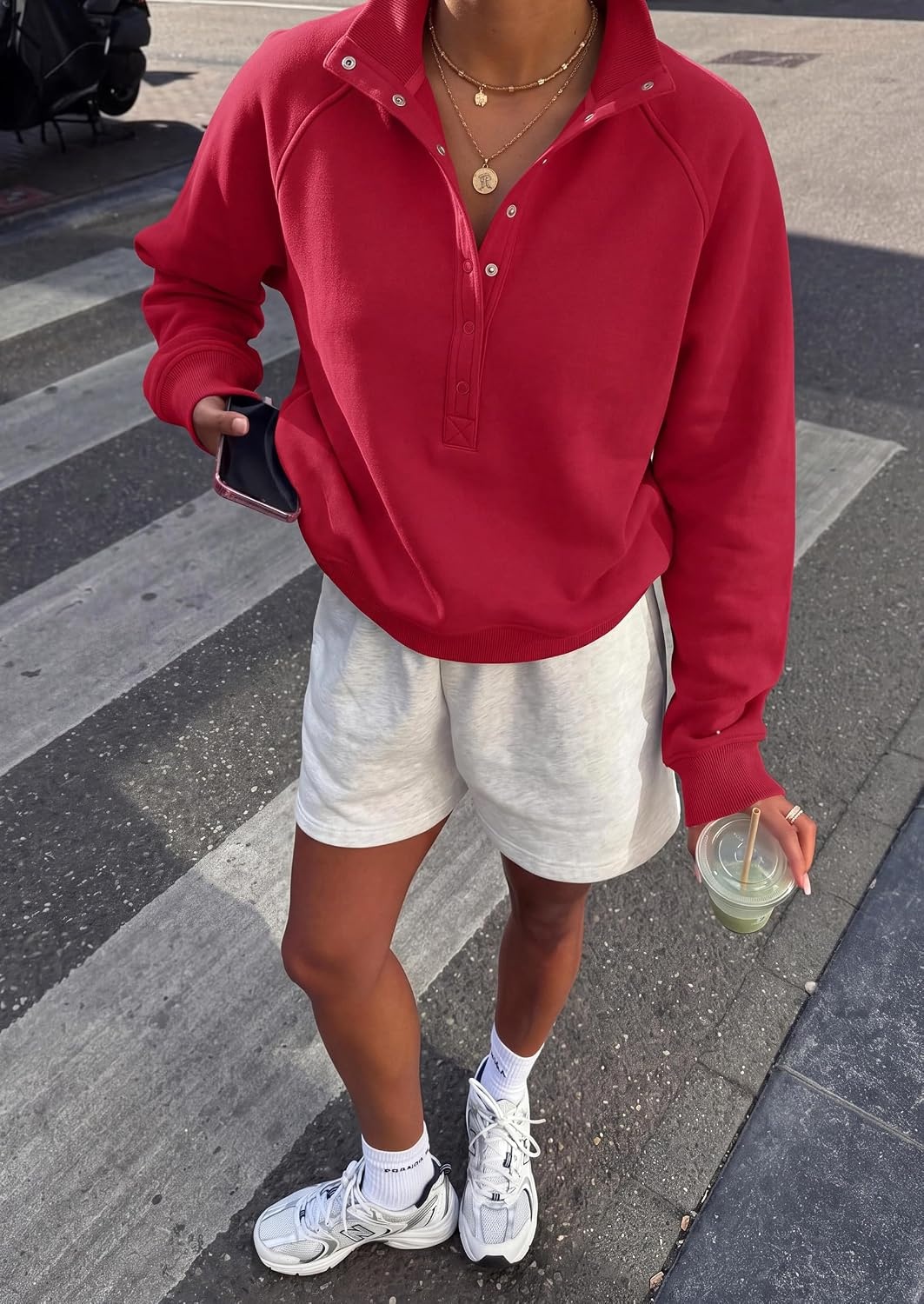 image:imagePRETTYGARDEN Womens Fall Oversized Sweatshirts Mock Neck Henley PulloverRed