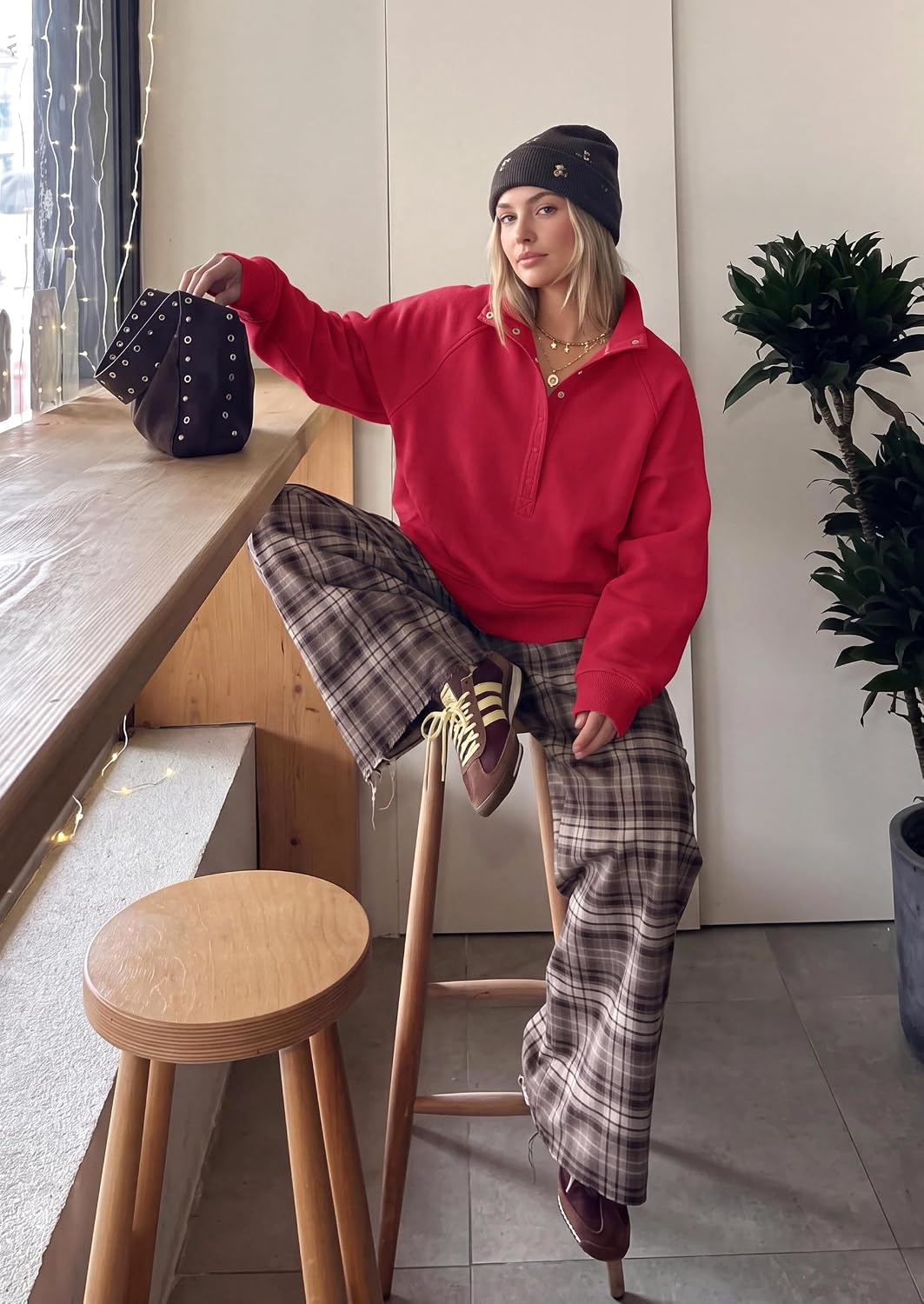 image:imagePRETTYGARDEN Womens Fall Oversized Sweatshirts Mock Neck Henley PulloverRed
