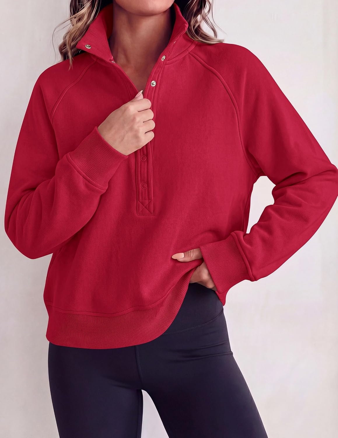 image:imagePRETTYGARDEN Womens Fall Oversized Sweatshirts Mock Neck Henley PulloverRed