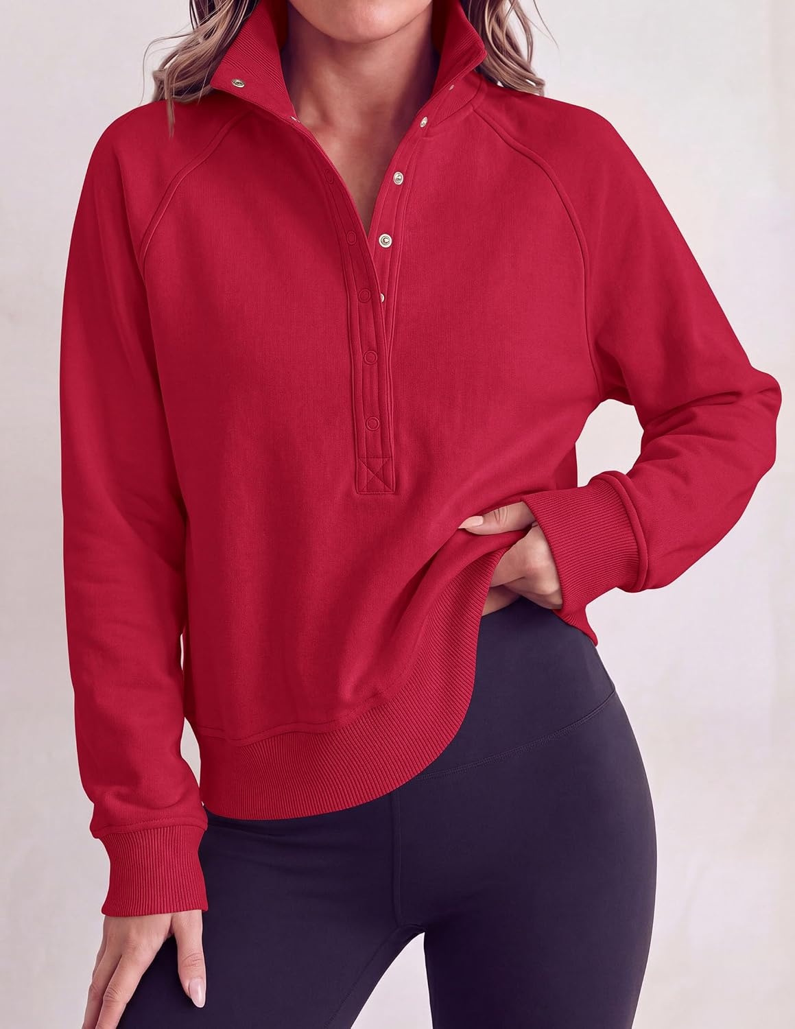 image:imagePRETTYGARDEN Womens Fall Oversized Sweatshirts Mock Neck Henley PulloverRed