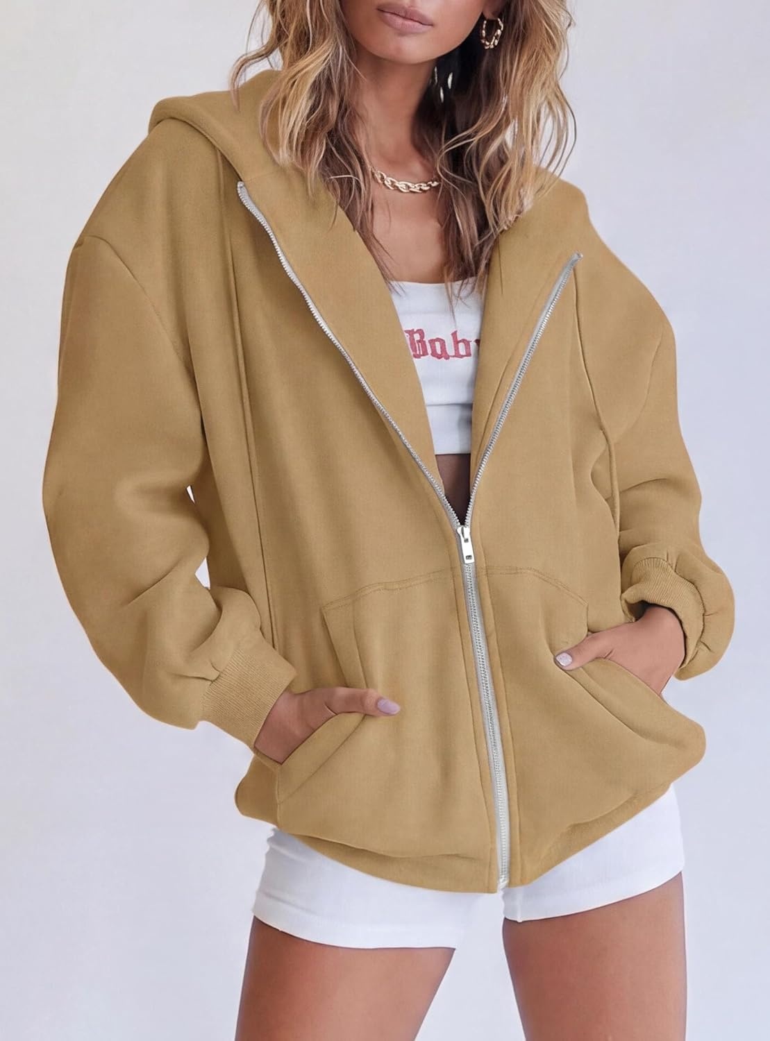 image:imagePRETTYGARDEN Womens Fall Zip Up Hoodies SweatshirtsKhaki