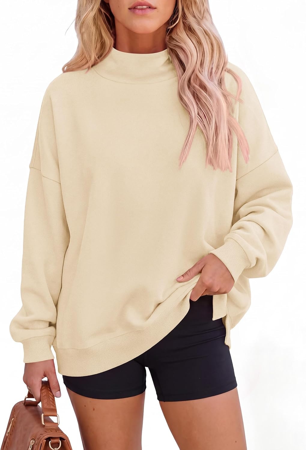 image:imagePRETTYGARDEN Womens Mock Neck Sweatshirt Oversized PulloverApricot