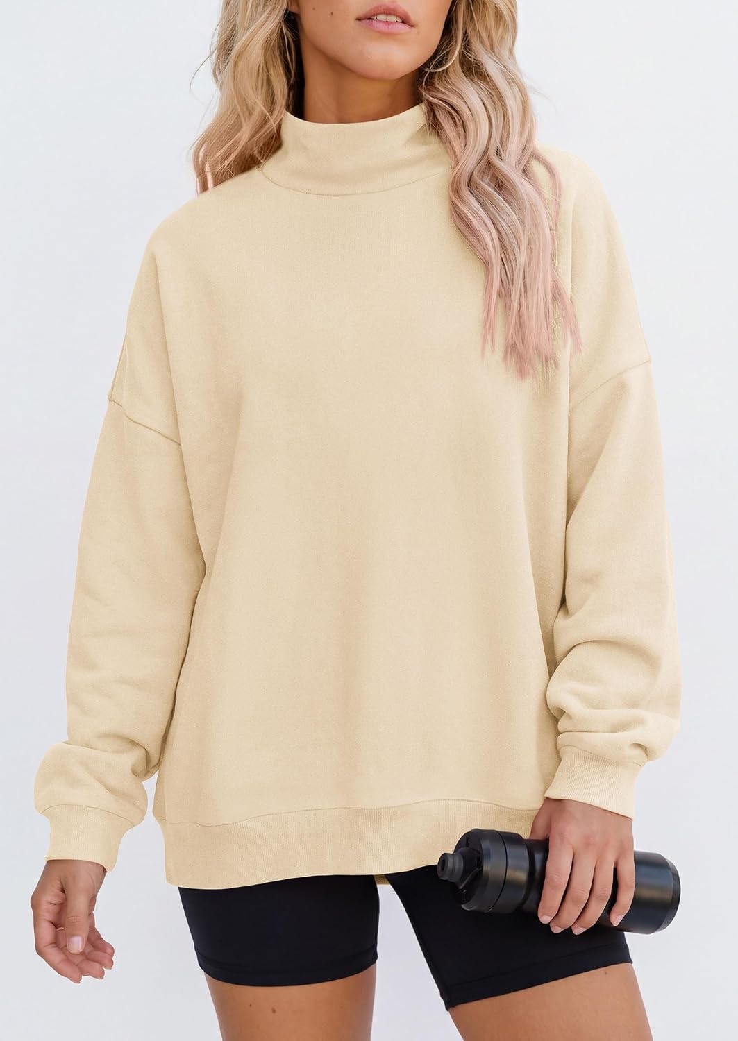 image:imagePRETTYGARDEN Womens Mock Neck Sweatshirt Oversized PulloverApricot
