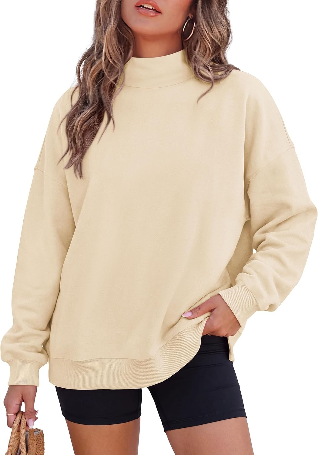 image:imagePRETTYGARDEN Womens Mock Neck Sweatshirt Oversized PulloverApricot