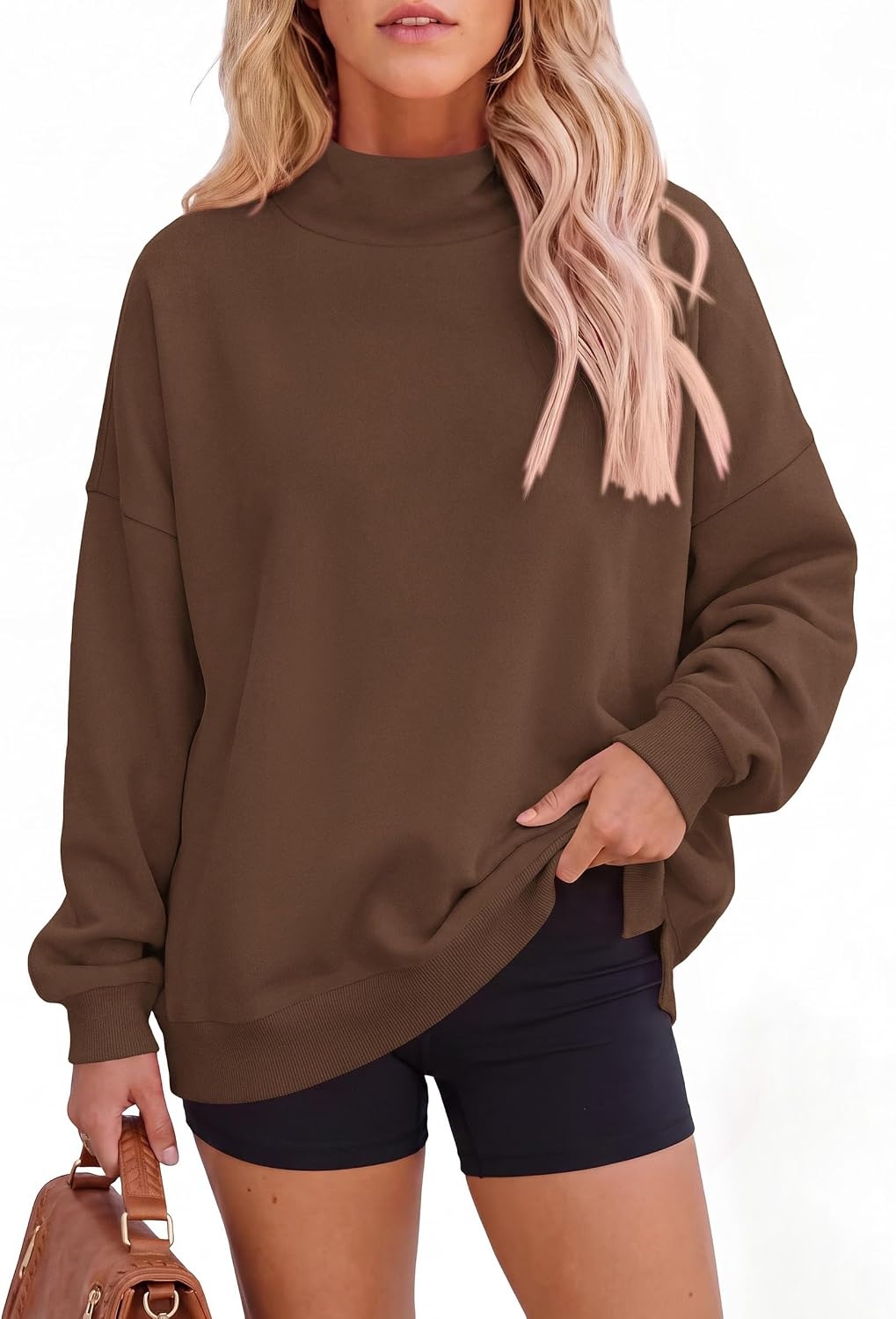 image:imagePRETTYGARDEN Womens Mock Neck Sweatshirt Oversized PulloverBrown