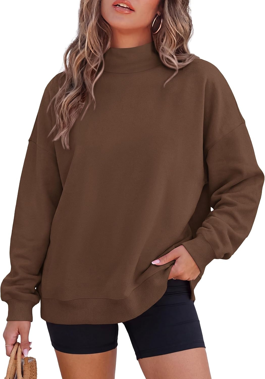 image:imagePRETTYGARDEN Womens Mock Neck Sweatshirt Oversized PulloverBrown