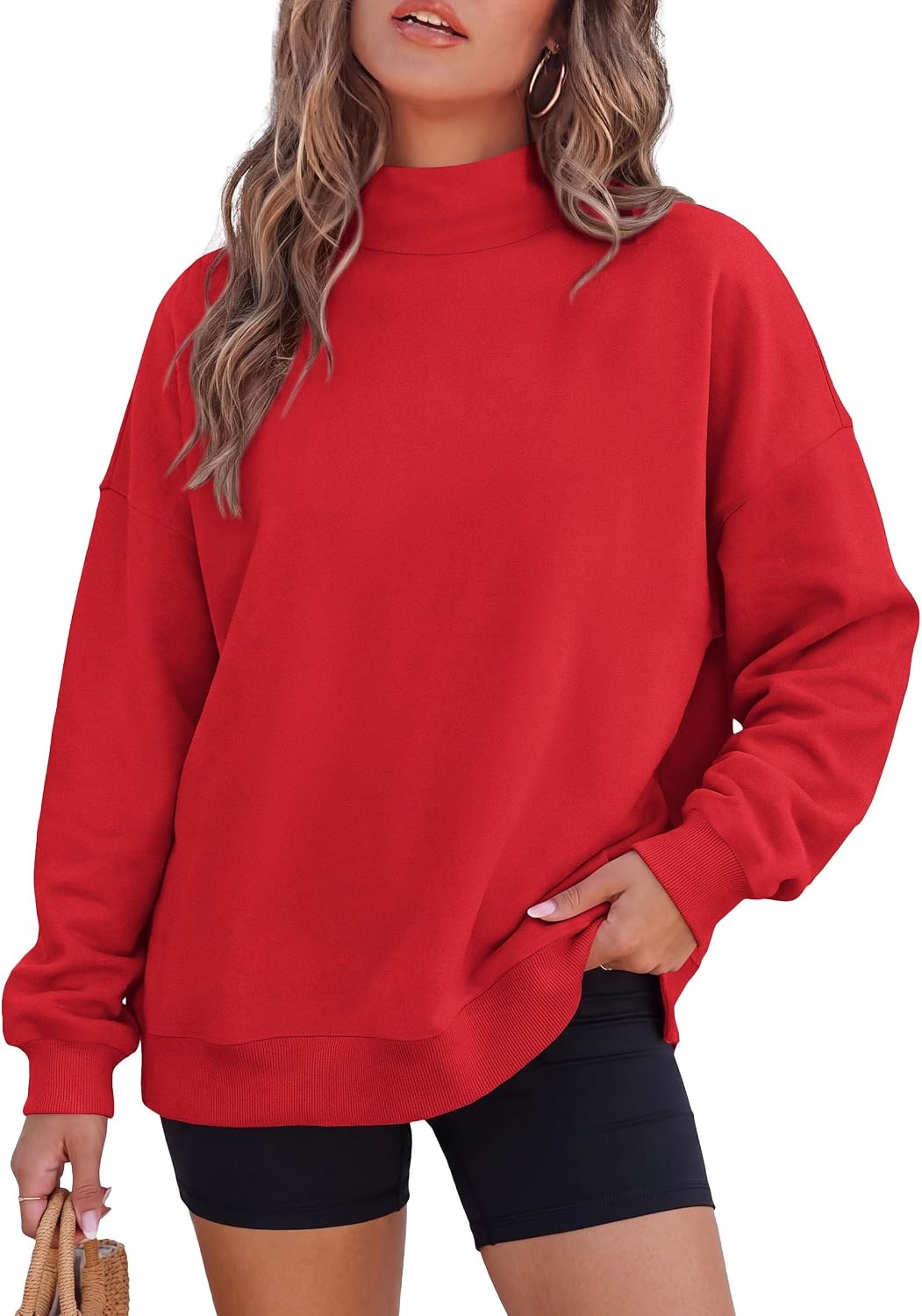 image:imagePRETTYGARDEN Womens Mock Neck Sweatshirt Oversized PulloverRed