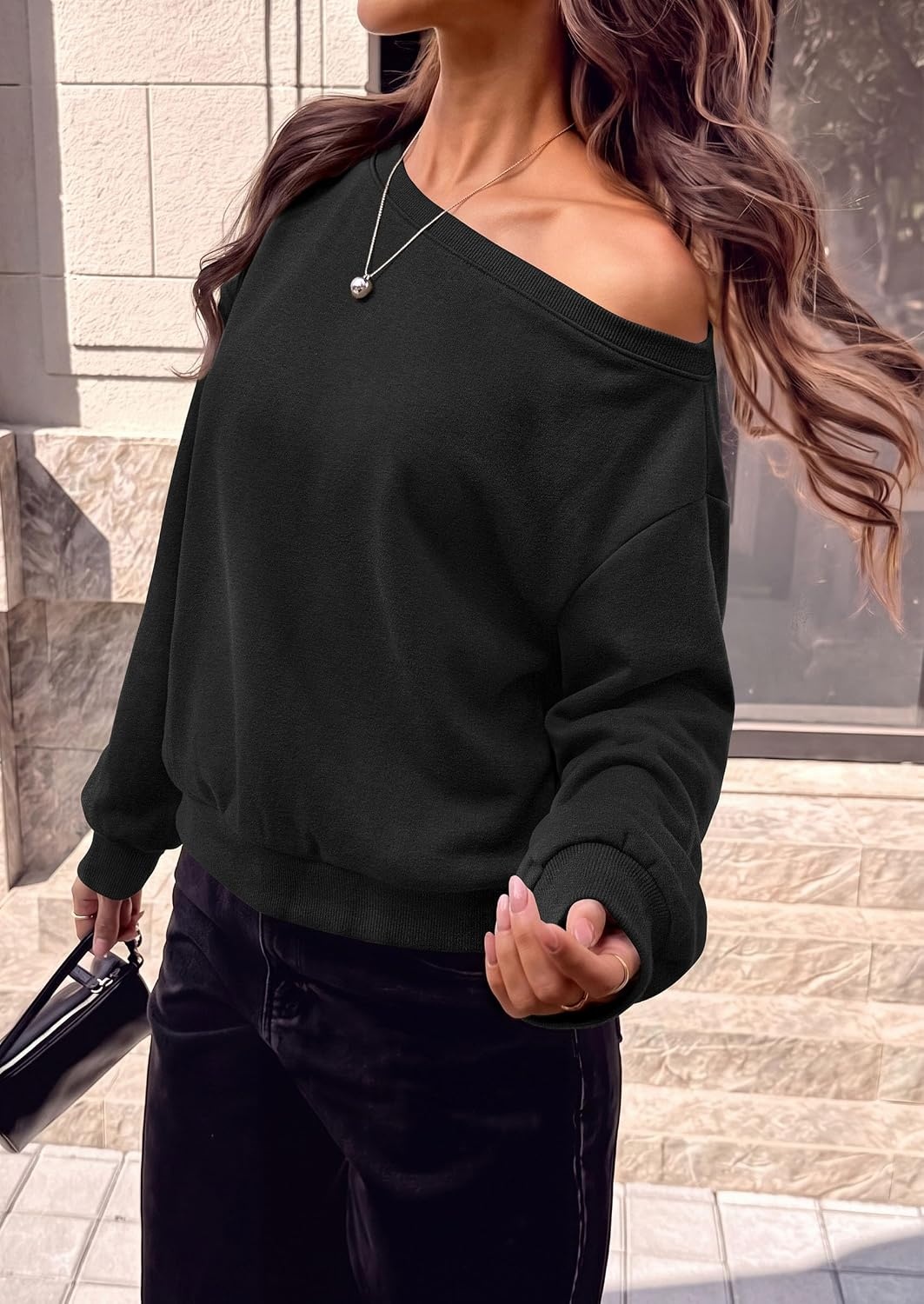 image:imagePRETTYGARDEN Womens Off The Shoulder Sweatshirt Fall Long Sleeve TopsBlack