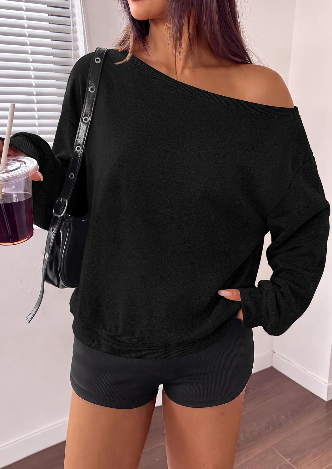 image:imagePRETTYGARDEN Womens Off The Shoulder Sweatshirt Fall Long Sleeve TopsBlack