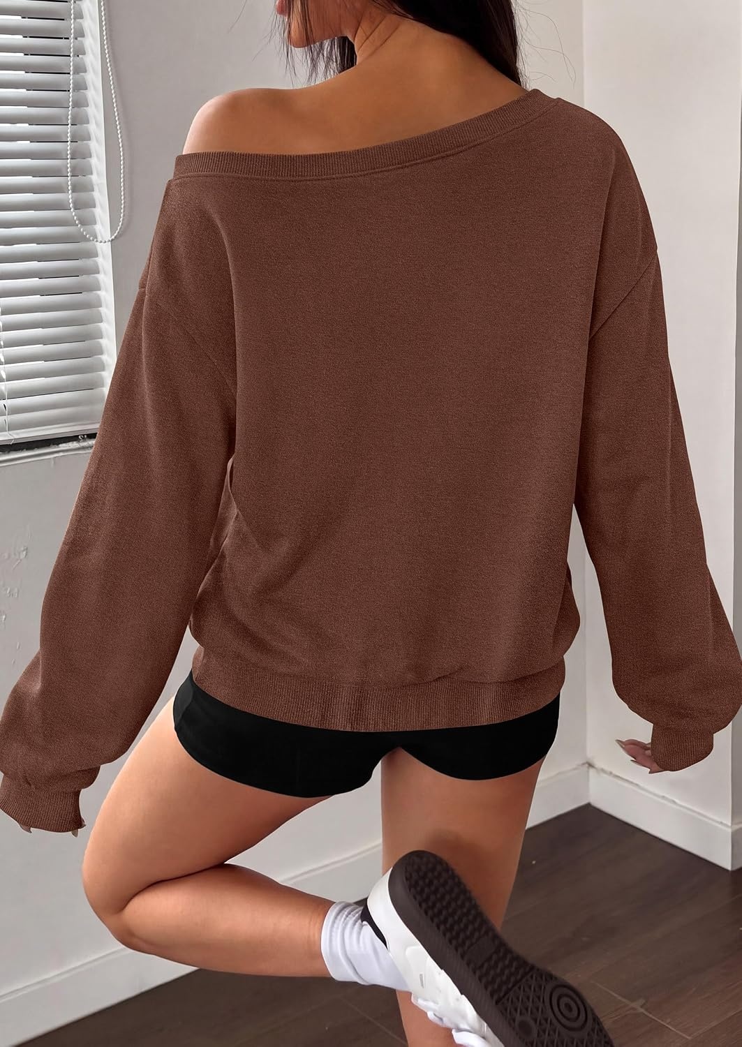 image:imagePRETTYGARDEN Womens Off The Shoulder Sweatshirt Fall Long Sleeve TopsBrown