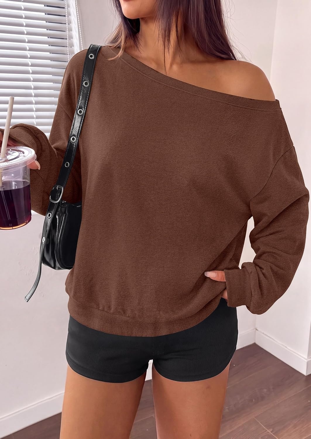 image:imagePRETTYGARDEN Womens Off The Shoulder Sweatshirt Fall Long Sleeve TopsBrown