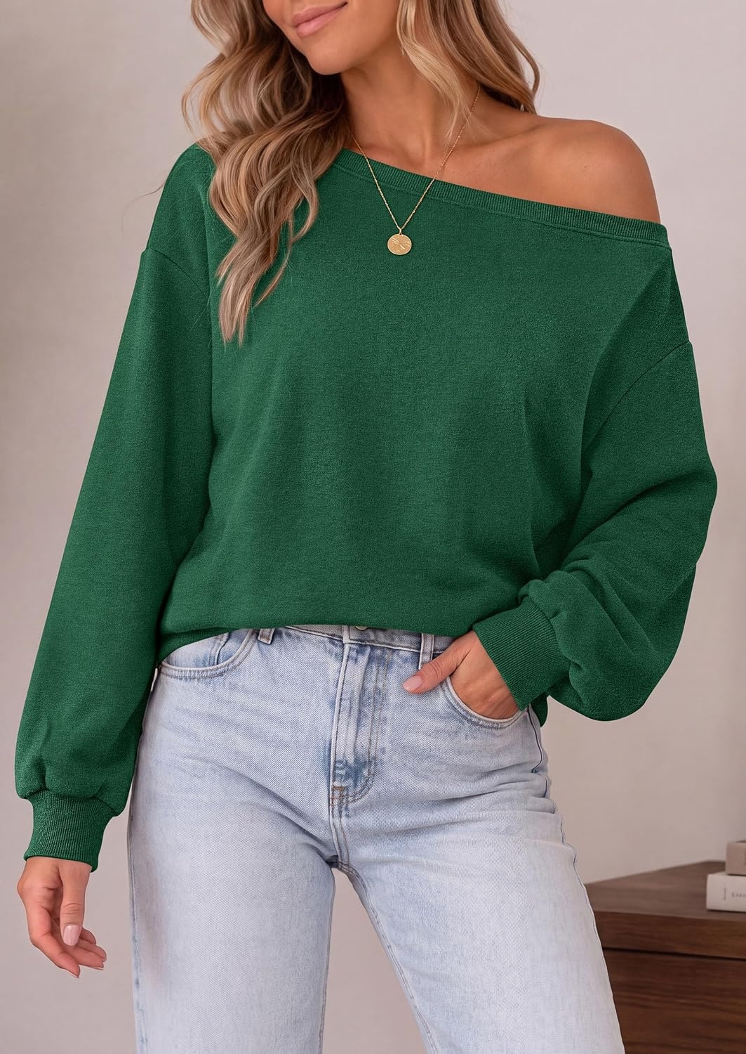 image:imagePRETTYGARDEN Womens Off The Shoulder Sweatshirt Fall Long Sleeve TopsDark Green