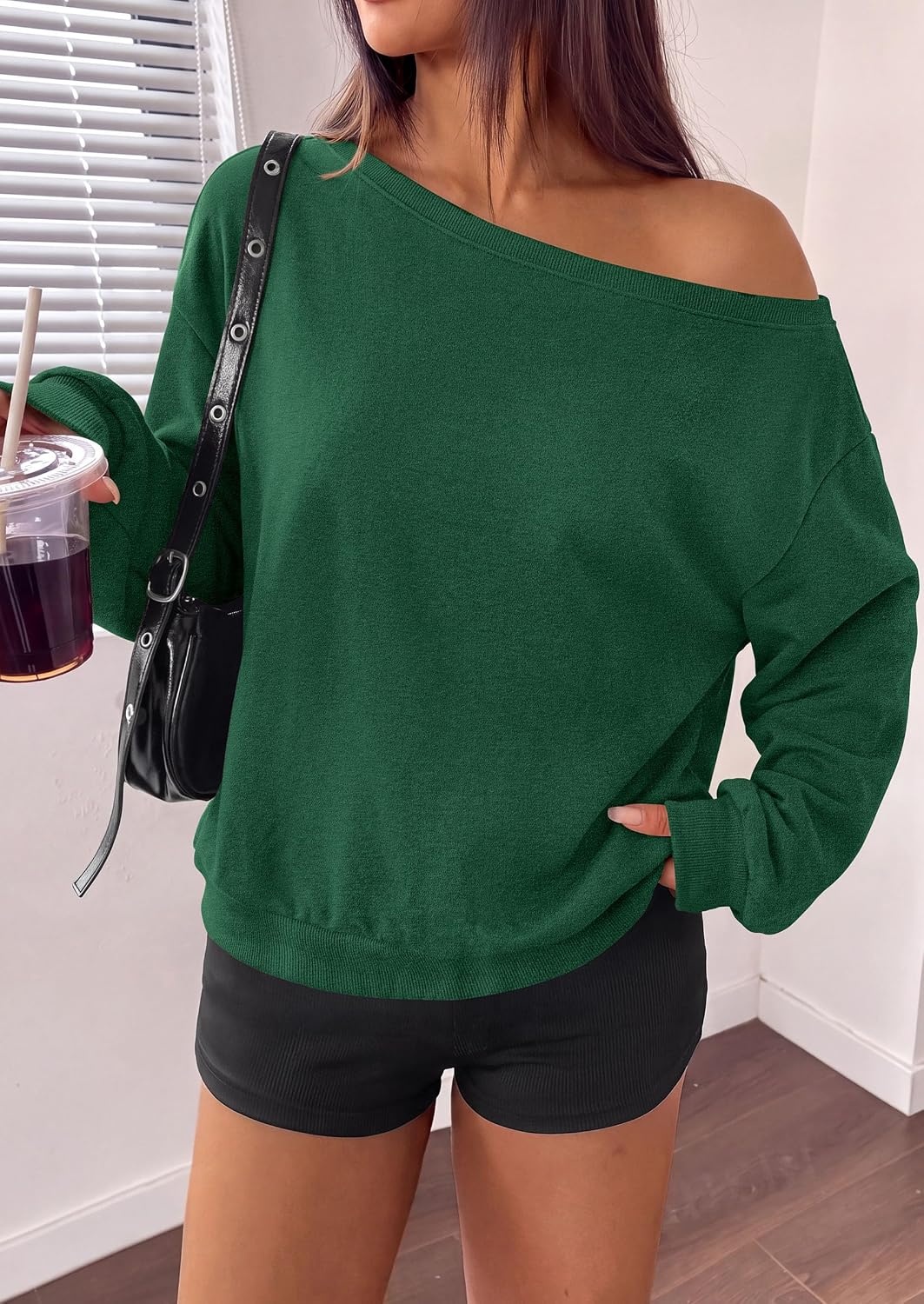 image:imagePRETTYGARDEN Womens Off The Shoulder Sweatshirt Fall Long Sleeve TopsDark Green