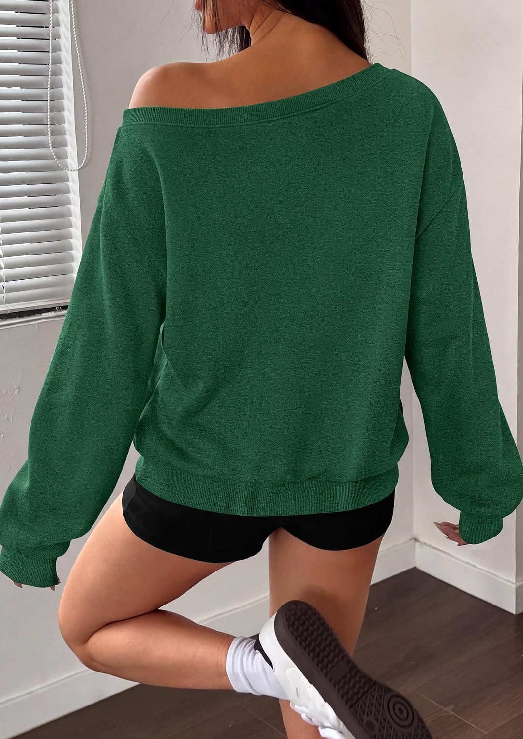 image:imagePRETTYGARDEN Womens Off The Shoulder Sweatshirt Fall Long Sleeve TopsDark Green