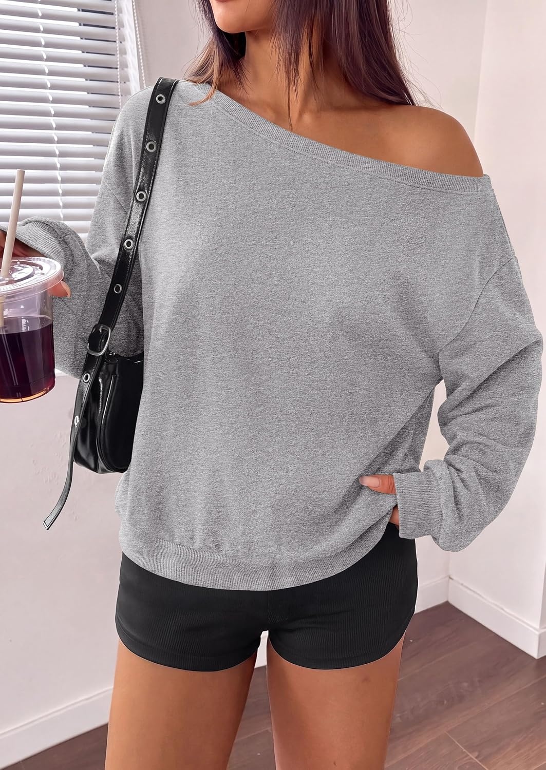 image:imagePRETTYGARDEN Womens Off The Shoulder Sweatshirt Fall Long Sleeve TopsGrey