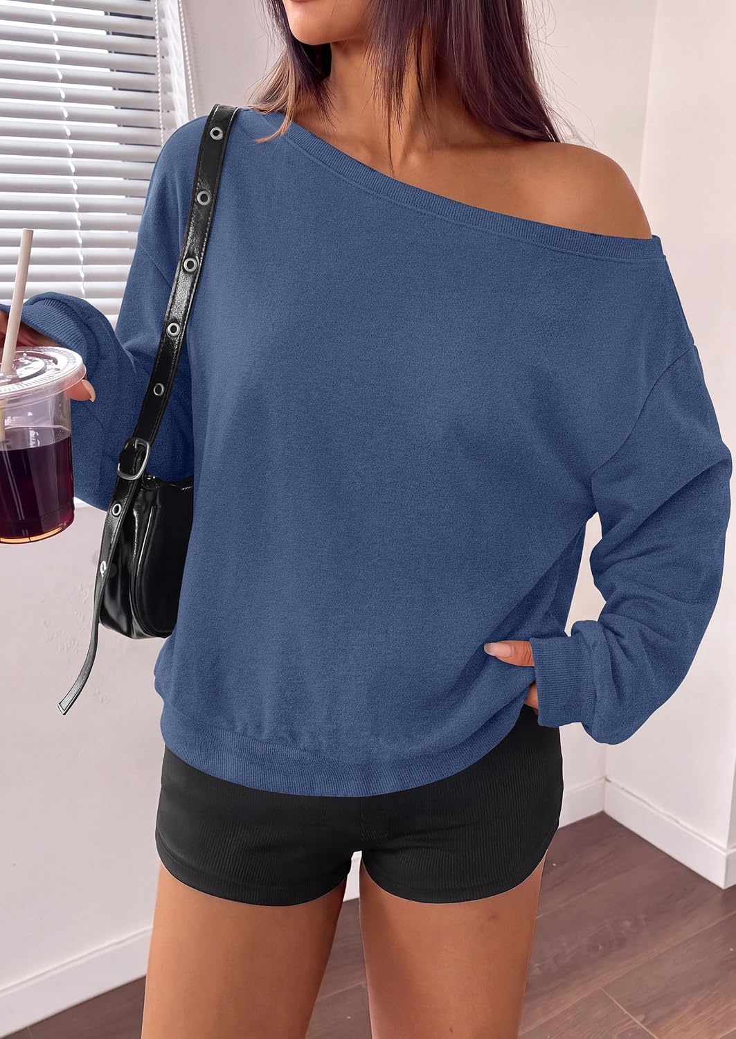 image:imagePRETTYGARDEN Womens Off The Shoulder Sweatshirt Fall Long Sleeve TopsGrey Blue