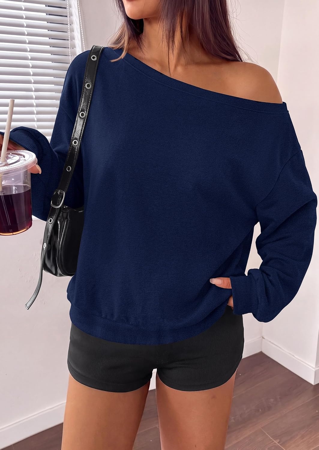 image:imagePRETTYGARDEN Womens Off The Shoulder Sweatshirt Fall Long Sleeve TopsNavy Blue