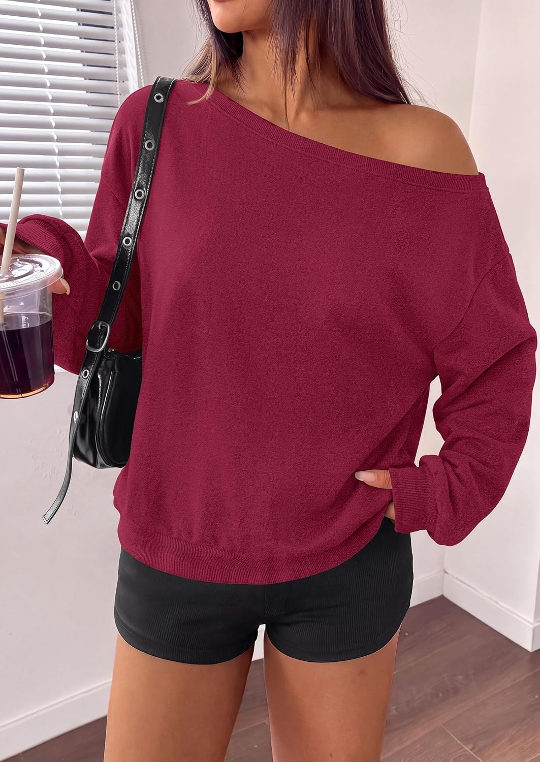 image:imagePRETTYGARDEN Womens Off The Shoulder Sweatshirt Fall Long Sleeve TopsWine Red
