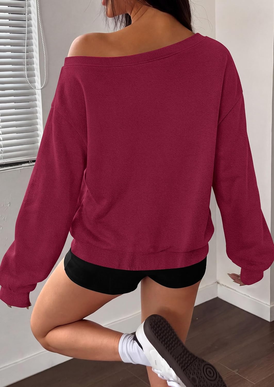 image:imagePRETTYGARDEN Womens Off The Shoulder Sweatshirt Fall Long Sleeve TopsWine Red