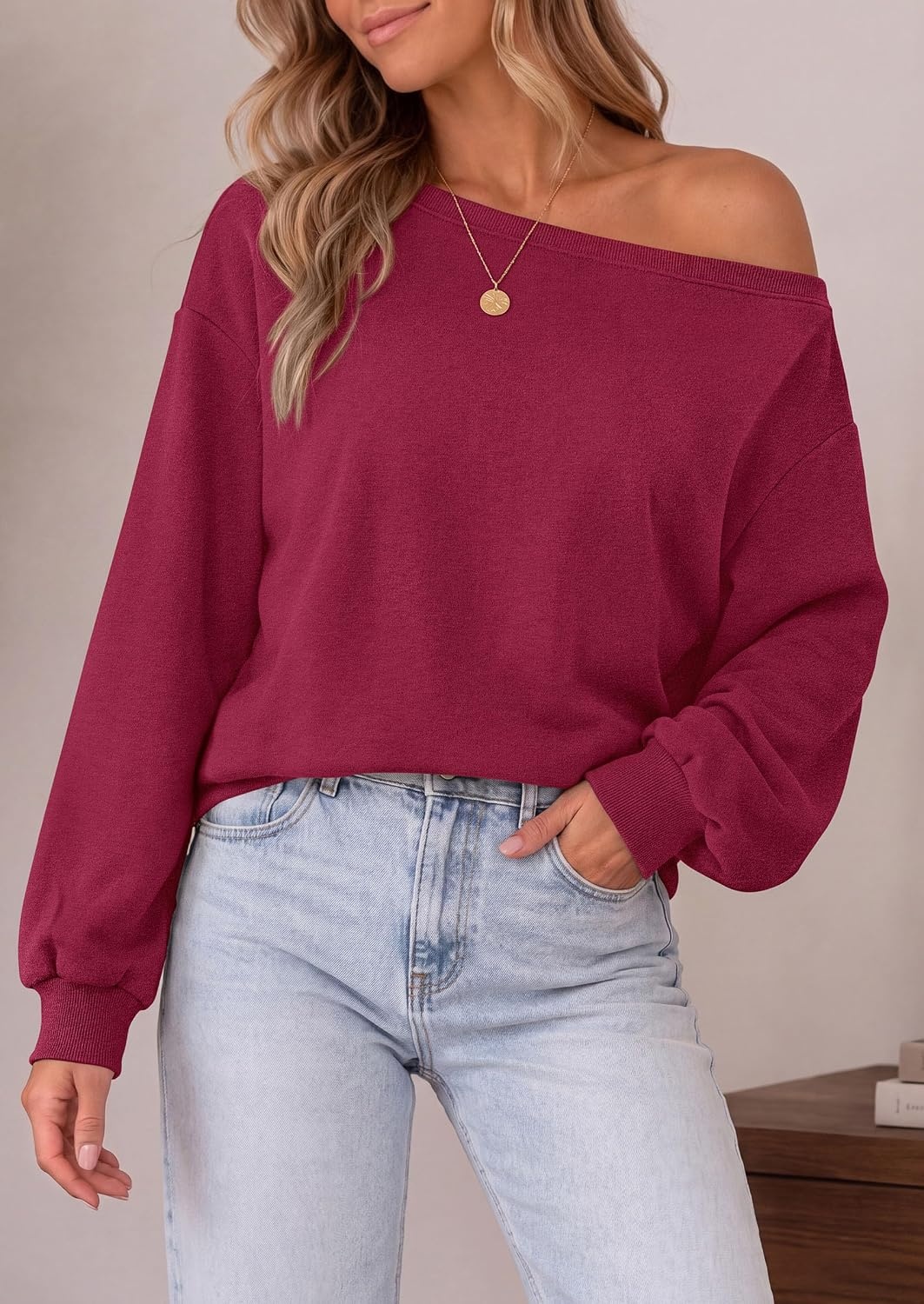 image:imagePRETTYGARDEN Womens Off The Shoulder Sweatshirt Fall Long Sleeve TopsWine Red