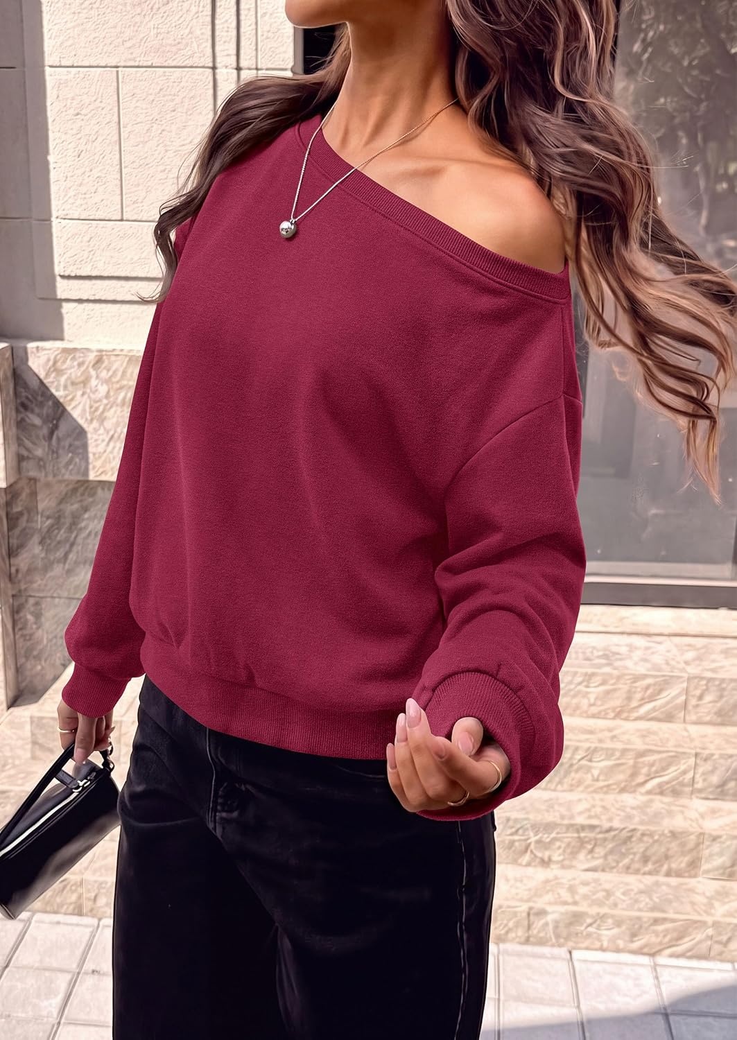 image:imagePRETTYGARDEN Womens Off The Shoulder Sweatshirt Fall Long Sleeve TopsWine Red